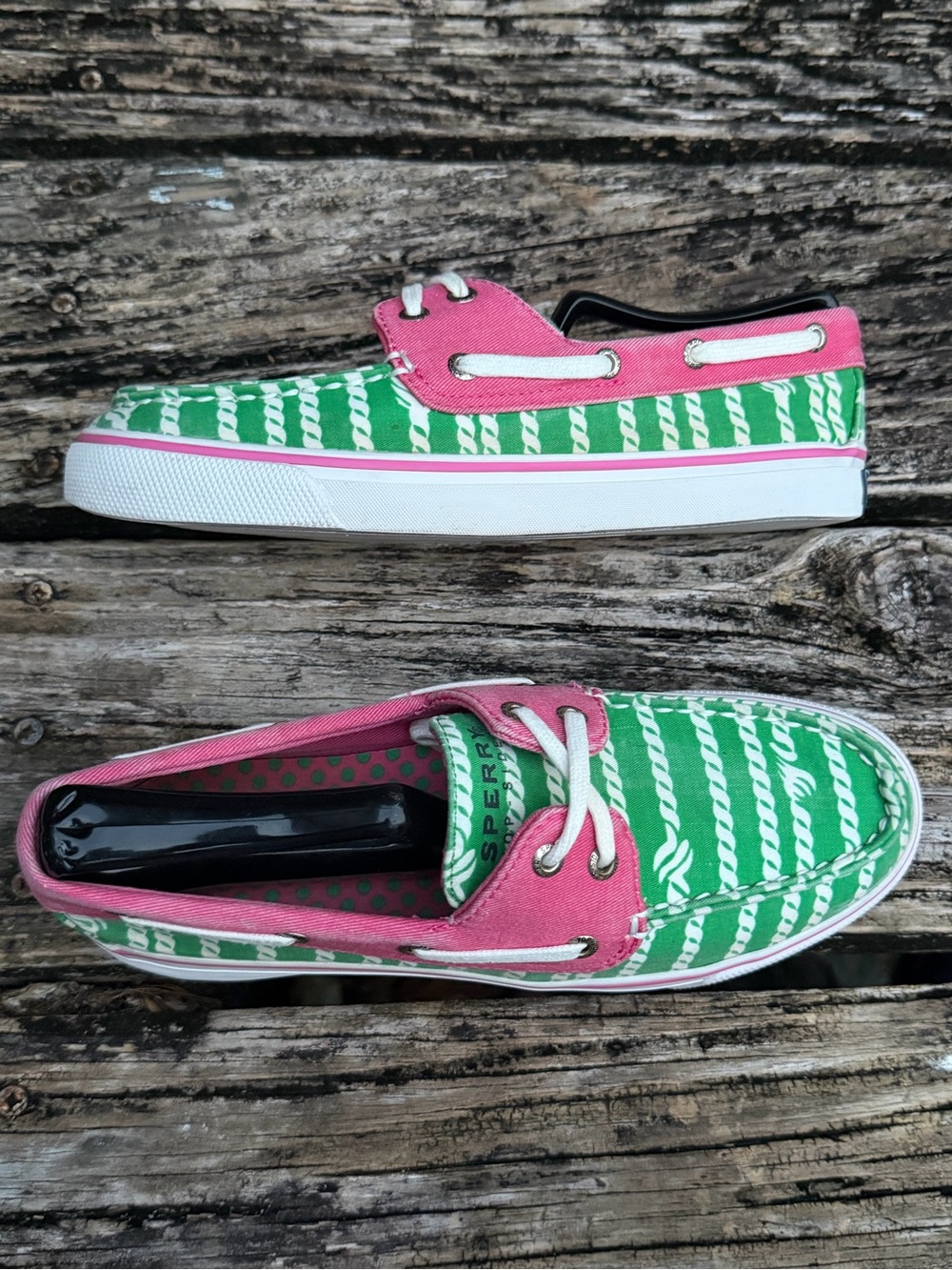 Sperry Top- Sider Womens Sz 6 Green Rope Print w/ Pink Trim Canvas Boat Shoes X2